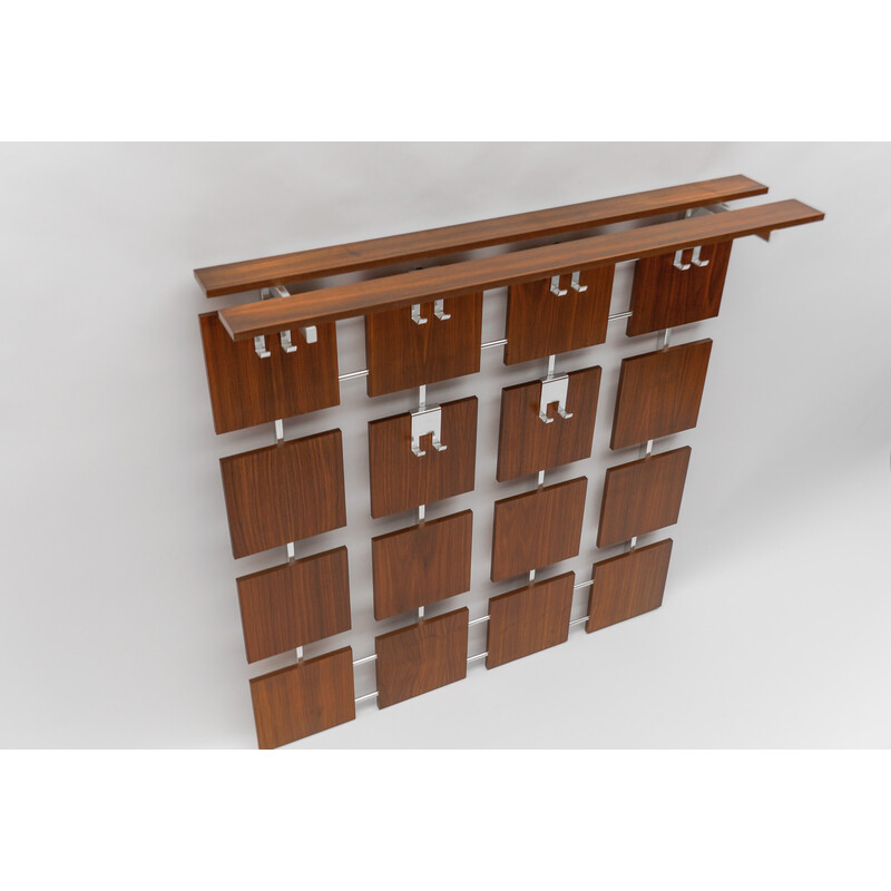 Vintage walnut wall coat rack with chrome hooks, 1960