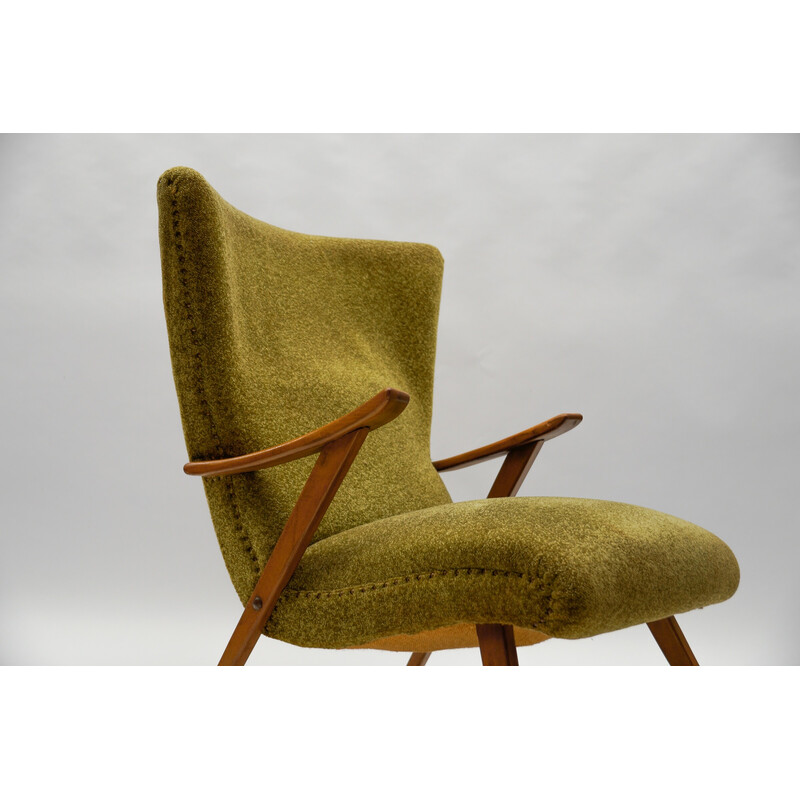 Vintage wingback armchair in wood and fabric, Italy 1950
