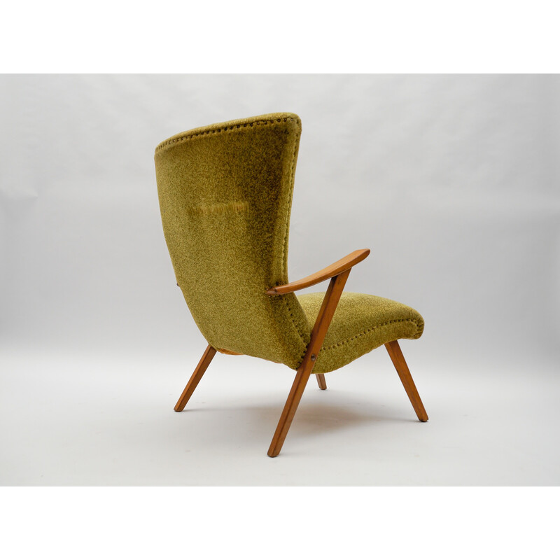 Vintage wingback armchair in wood and fabric, Italy 1950