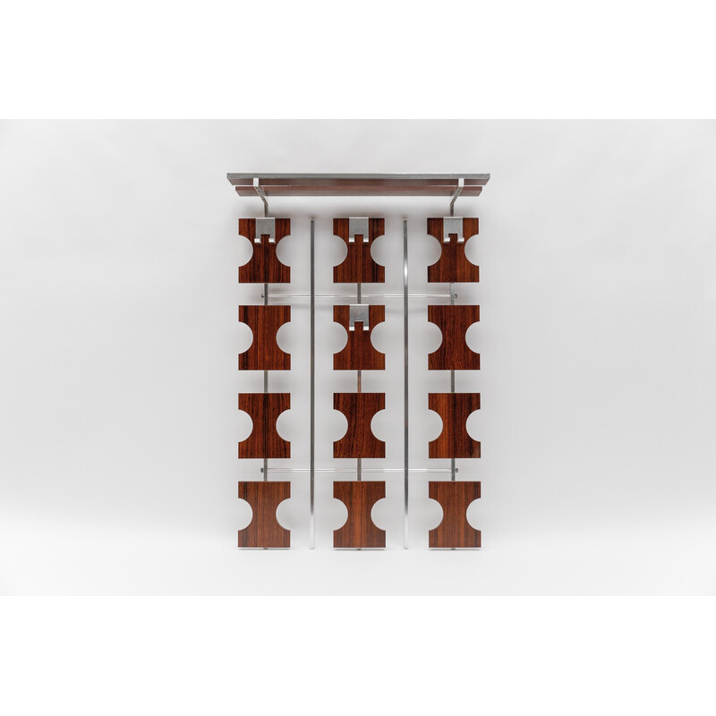 Pair of vintage walnut wall-mounted coat racks with chrome hooks and umbrella holder, 1970