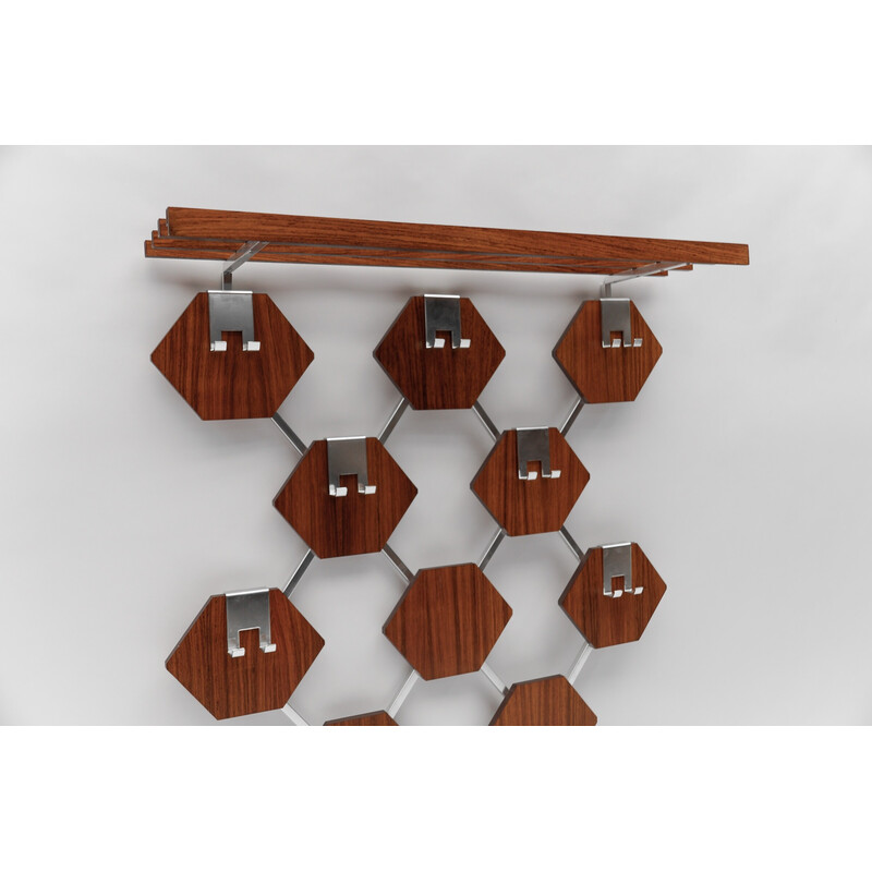 Vintage walnut honeycomb wall coat rack with chrome hooks, 1960