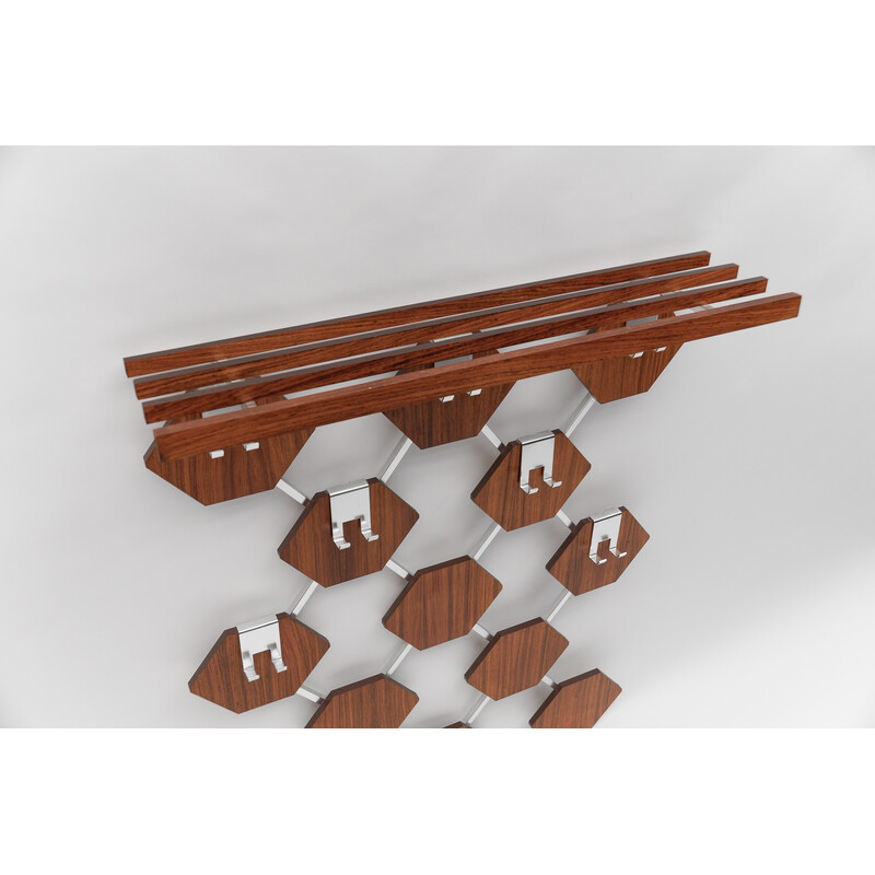 Vintage walnut honeycomb wall coat rack with chrome hooks, 1960