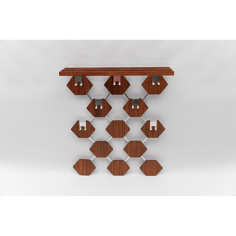 Vintage walnut honeycomb wall coat rack with chrome hooks, 1960