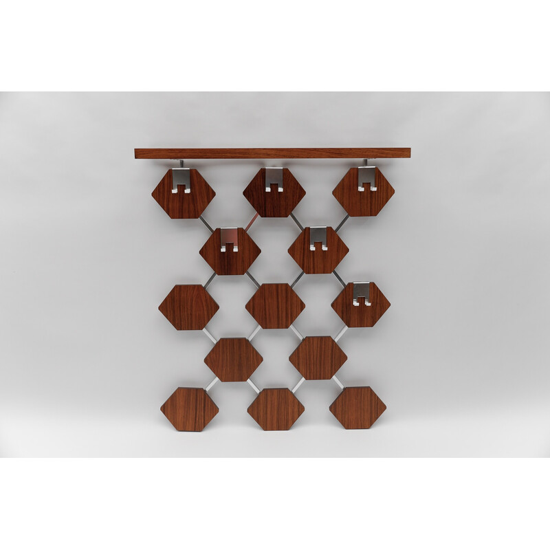 Vintage walnut honeycomb wall coat rack with chrome hooks, 1960