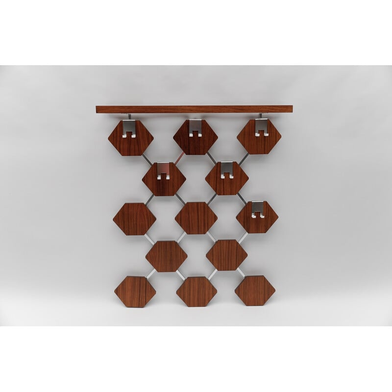 Vintage walnut honeycomb wall coat rack with chrome hooks, 1960