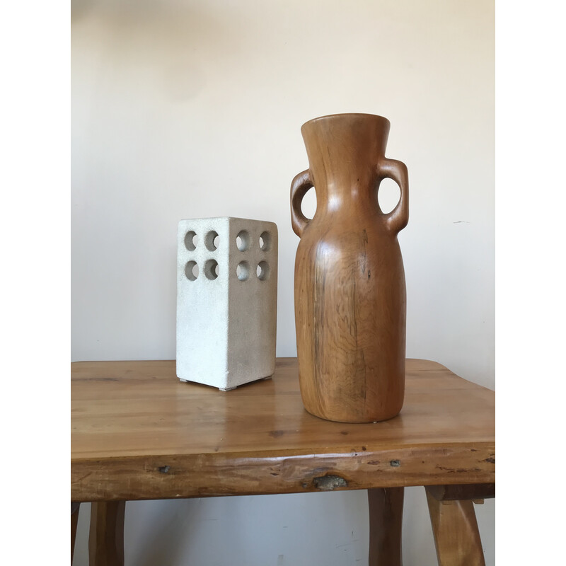 Vintage-Blumenpicker-Vase mit Henkeln aus Olivenholz