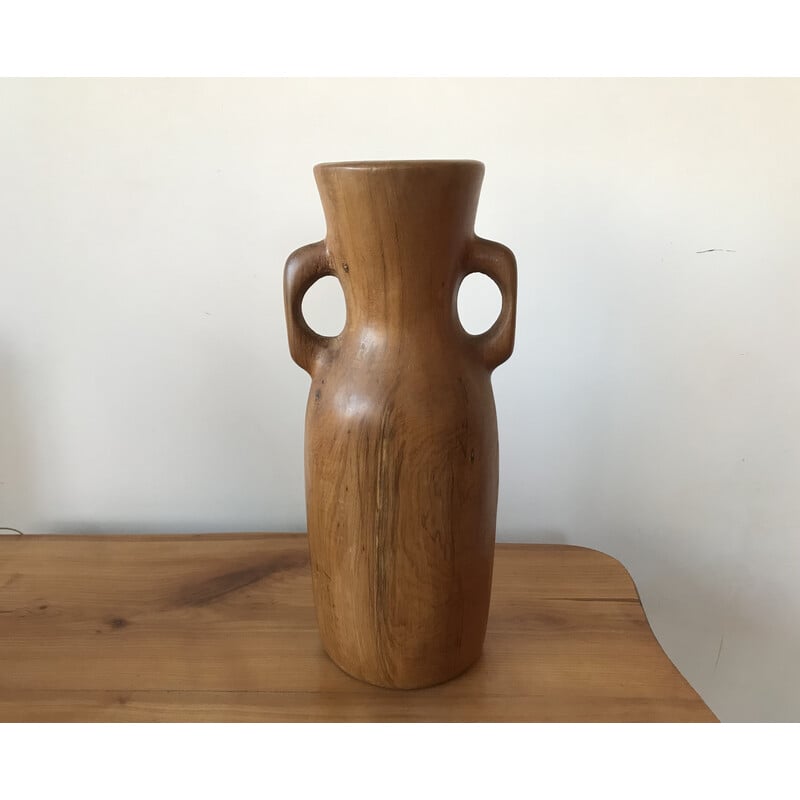 Vaso vintage in legno d'ulivo con manici