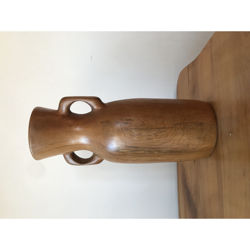 Vintage floral vase with olive wood handles