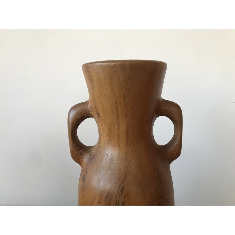 Vase vintage pique-fleurs à anses en bois d'olivier