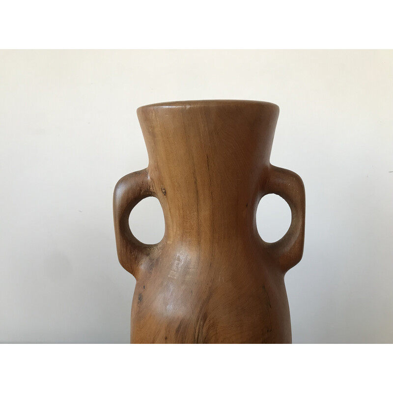 Vintage floral vase with olive wood handles