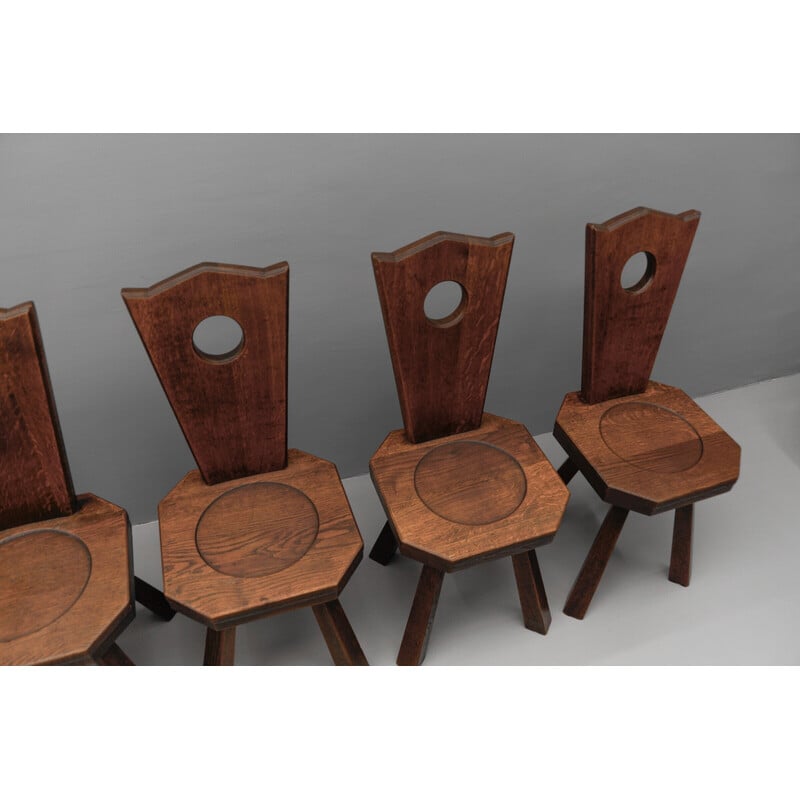 Set of 8 vintage provincial chairs in solid oak, France 1960