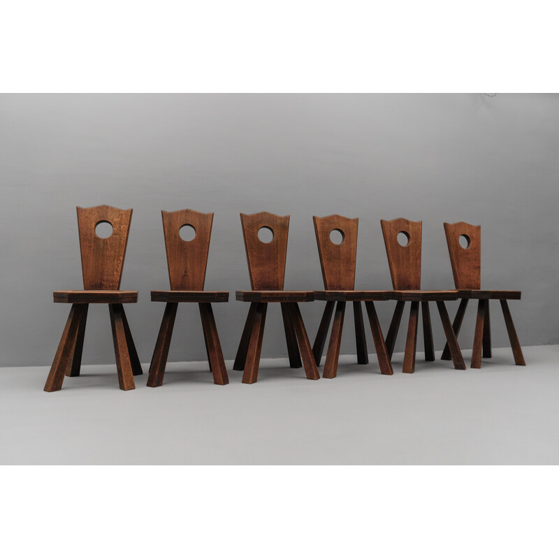 Set of 8 vintage provincial chairs in solid oak, France 1960