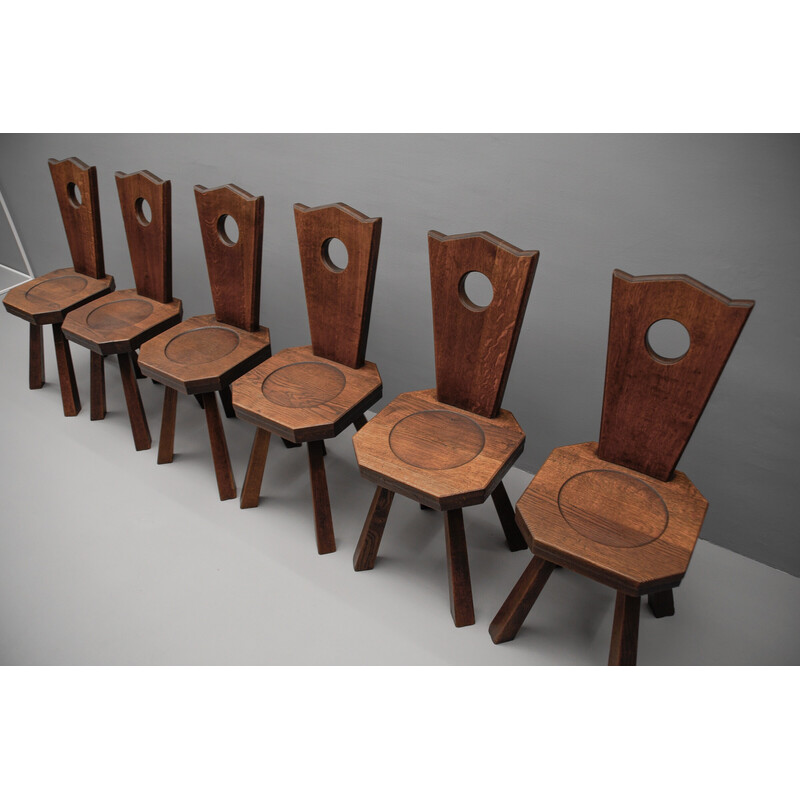 Set of 8 vintage provincial chairs in solid oak, France 1960