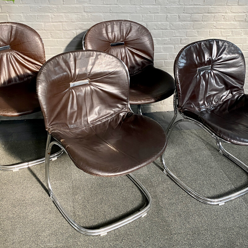 Set of 4 vintage chairs in chrome steel and leather by Gastone Rinaldi for Rima, Italy 1970