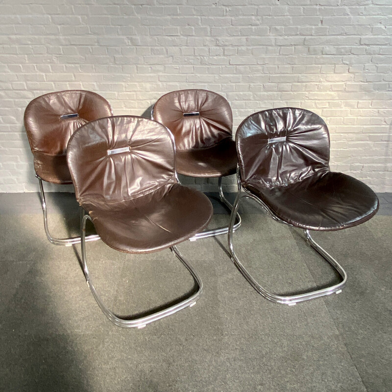 Set of 4 vintage chairs in chrome steel and leather by Gastone Rinaldi for Rima, Italy 1970