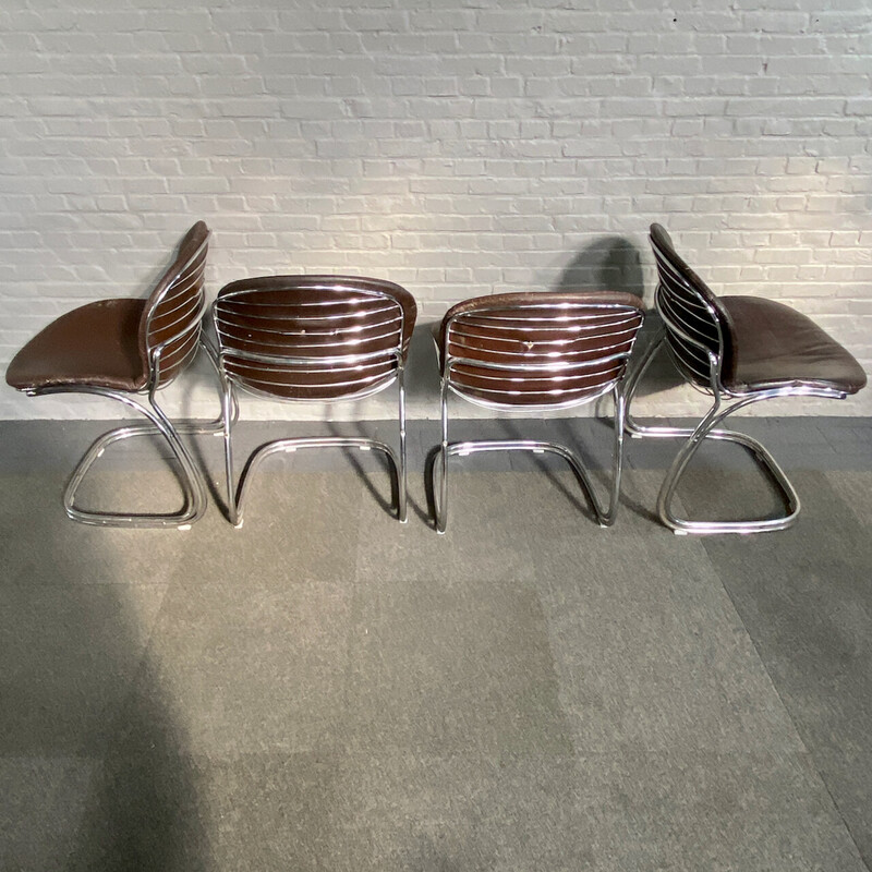 Set of 4 vintage chairs in chrome steel and leather by Gastone Rinaldi for Rima, Italy 1970