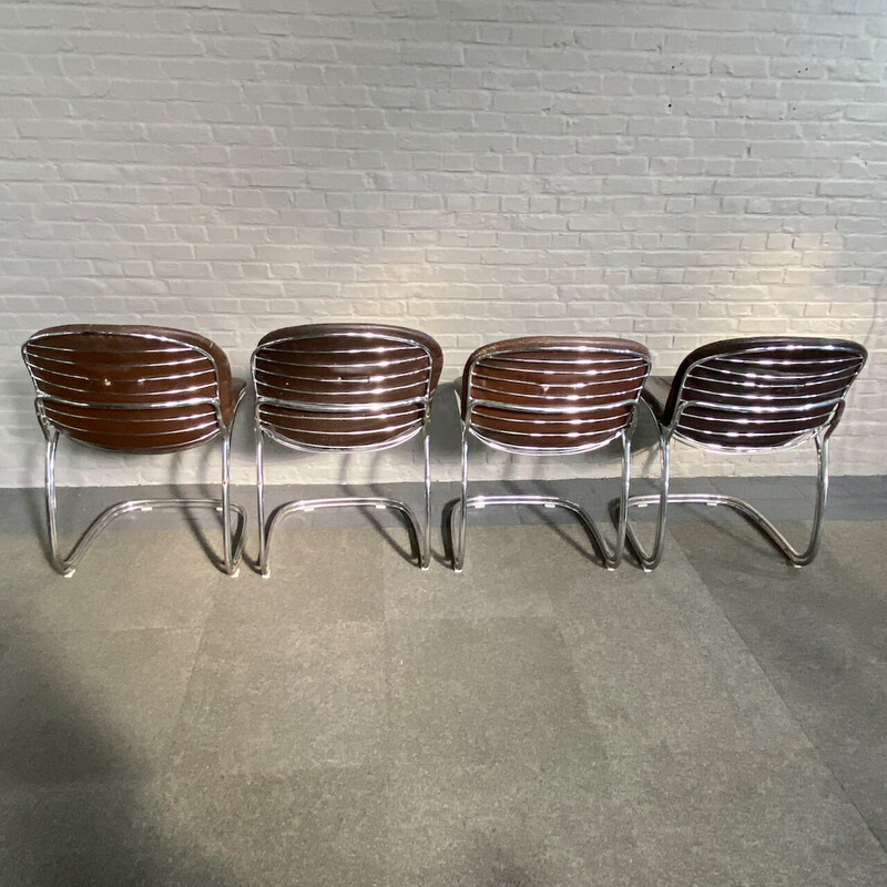 Set of 4 vintage chairs in chrome steel and leather by Gastone Rinaldi for Rima, Italy 1970