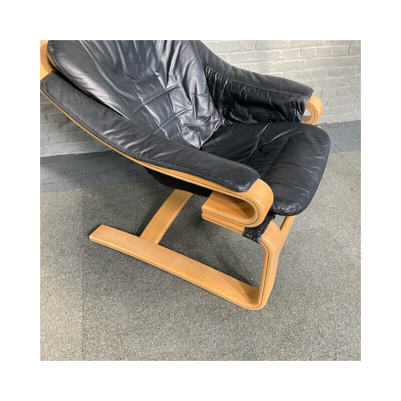 Pair of vintage Apollon armchairs in bent beech wood and black leather by Svend Skipper for Skipper Møbler, Denmark 1970