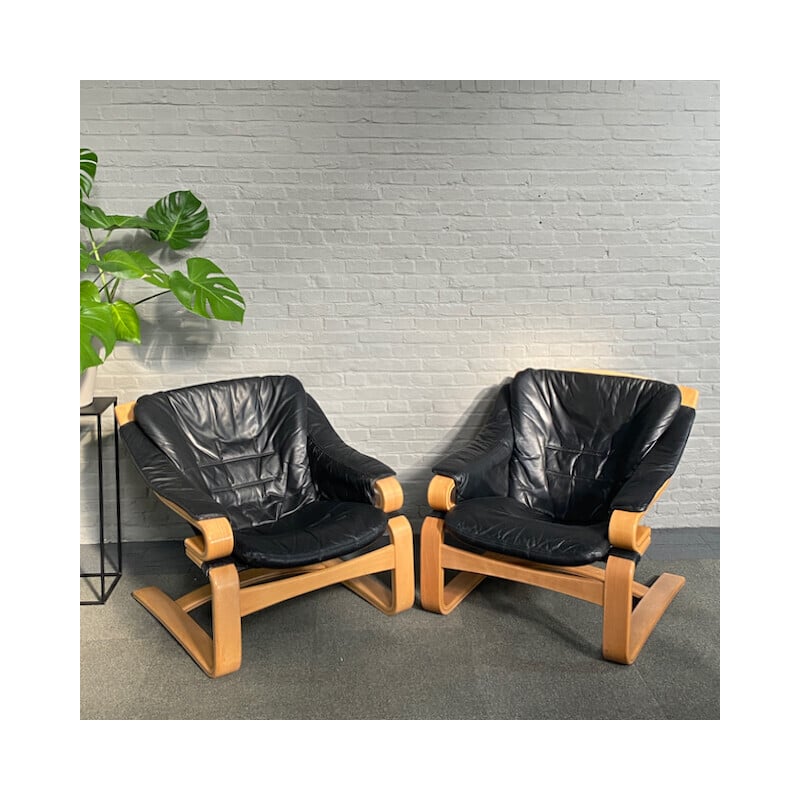 Pair of vintage Apollon armchairs in bent beech wood and black leather by Svend Skipper for Skipper Møbler, Denmark 1970