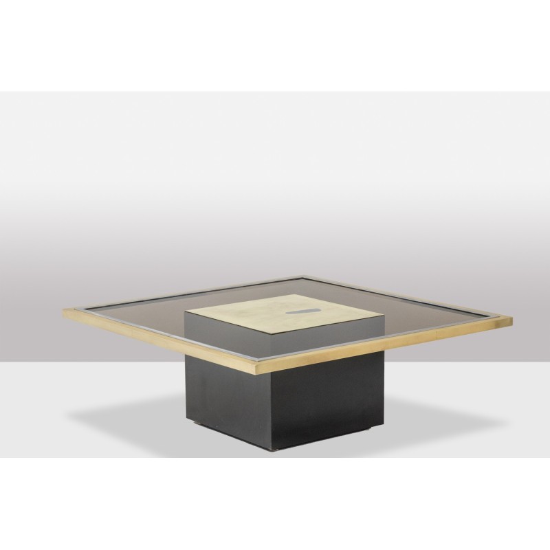 Vintage coffee table in gilded brass and smoked glass, 1970