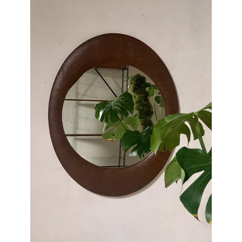 Vintage wooden wall mirror covered in brown faux leather, 1970