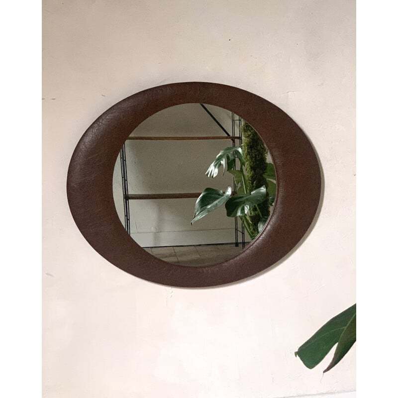 Specchio da parete vintage in legno rivestito in similpelle marrone, 1970