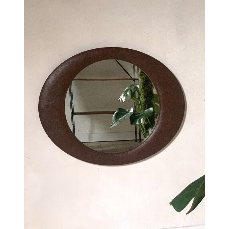 Vintage wooden wall mirror covered in brown faux leather, 1970