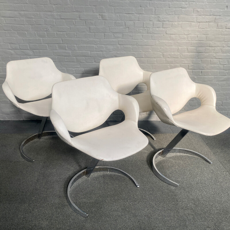 Set of 4 vintage armchairs in chrome steel and leather by Boris Tabacoff for Mobilier Modulaire Moderne, 1970