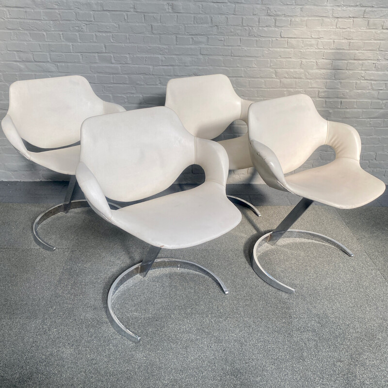 Set of 4 vintage armchairs in chrome steel and leather by Boris Tabacoff for Mobilier Modulaire Moderne, 1970