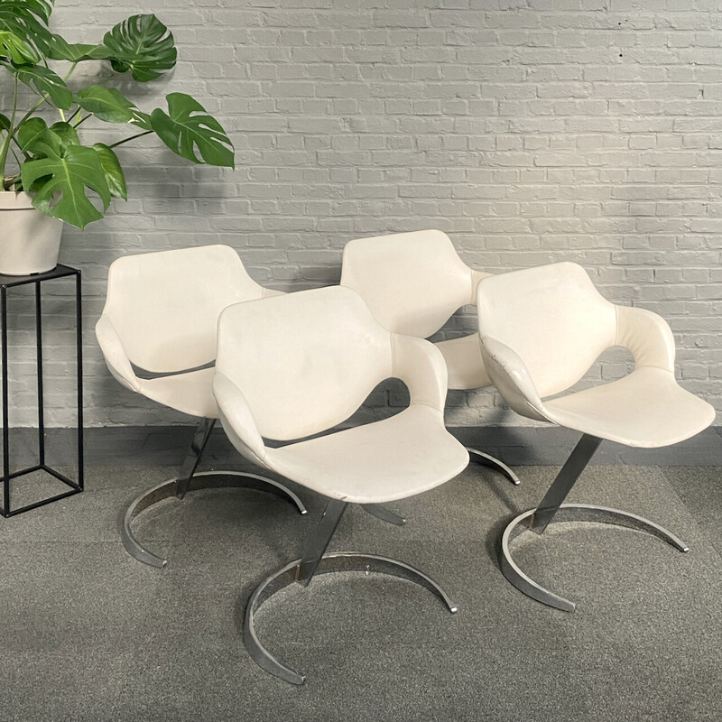 Lot de 4 fauteuils vintage en acier chromé et cuir par Boris Tabacoff pour Mobilier Modulaire Moderne, 1970