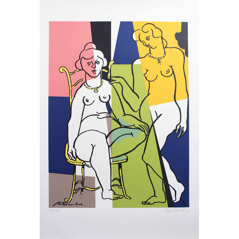 Litografia d'epoca "Due nudi" a colori di Albert Stürchler, Svizzera 1970