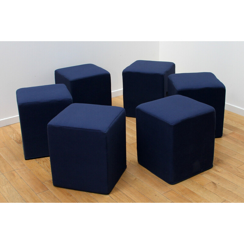 Set of 6 vintage blue fabric poufs for Softline