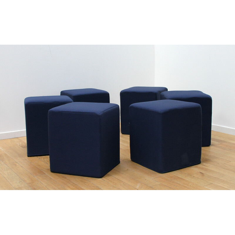 Set of 6 vintage blue fabric poufs for Softline