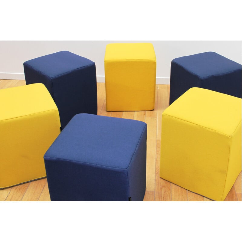 Set of 6 vintage poufs in blue and yellow fabric for Softline