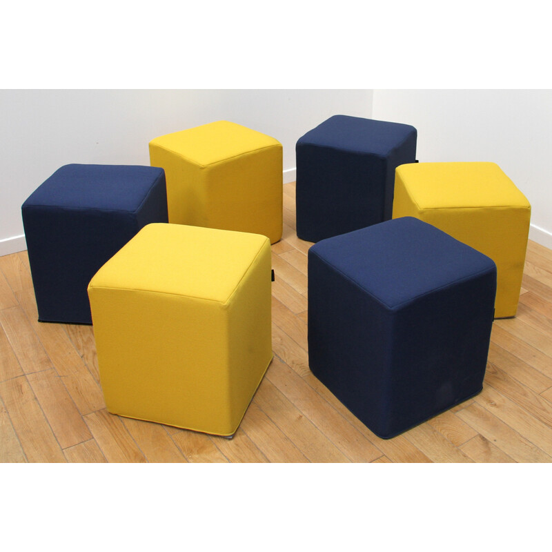 Set of 6 vintage poufs in blue and yellow fabric for Softline