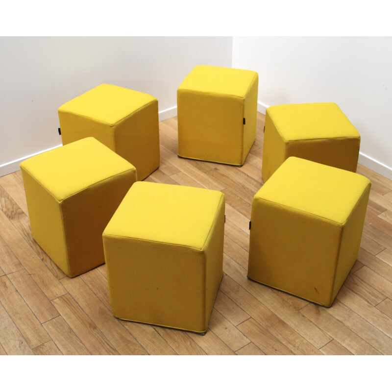 Set of 6 vintage poufs in yellow fabric for Softline