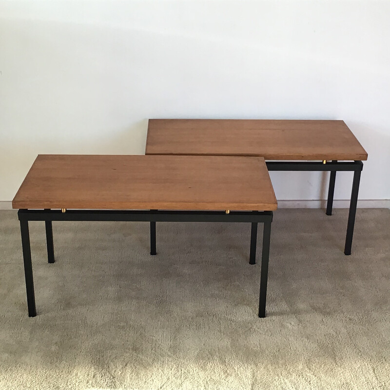 Pair of vintage tables in light oak and brass by Jacques Whittier for Tubauto, 1950