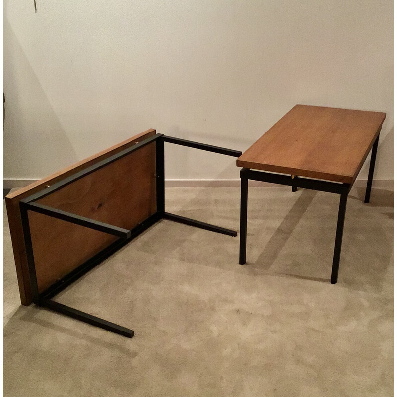 Pair of vintage tables in light oak and brass by Jacques Whittier for Tubauto, 1950