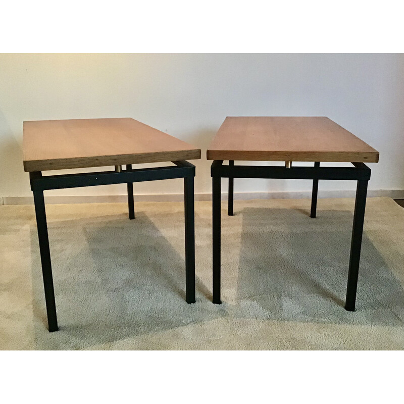 Pair of vintage tables in light oak and brass by Jacques Whittier for Tubauto, 1950