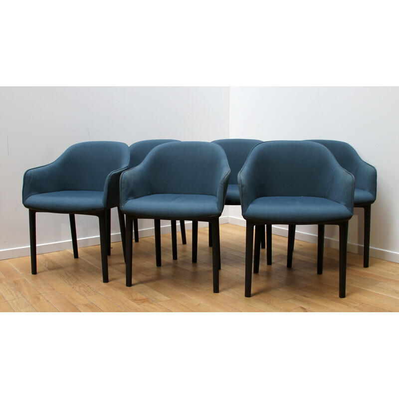 Set of 6 Softshell armchairs in black plastic and blue fabric by Ronan and Erwan Bouroullec for Vitra