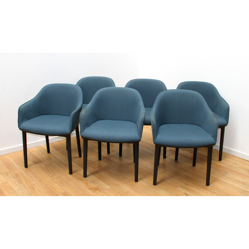 Set of 6 Softshell armchairs in black plastic and blue fabric by Ronan and Erwan Bouroullec for Vitra