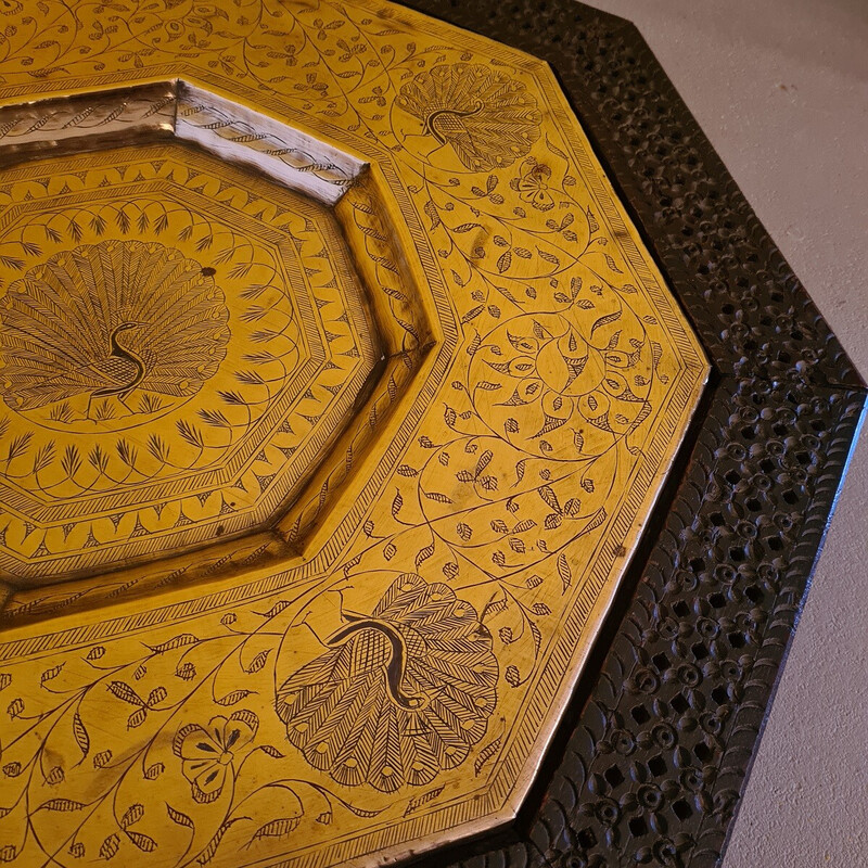 Vintage brass dish with wooden frame, Middle East 1950