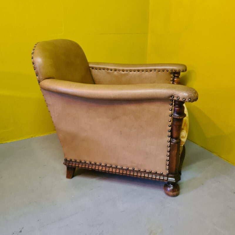 Vintage leather armchair with oak structure, 1950