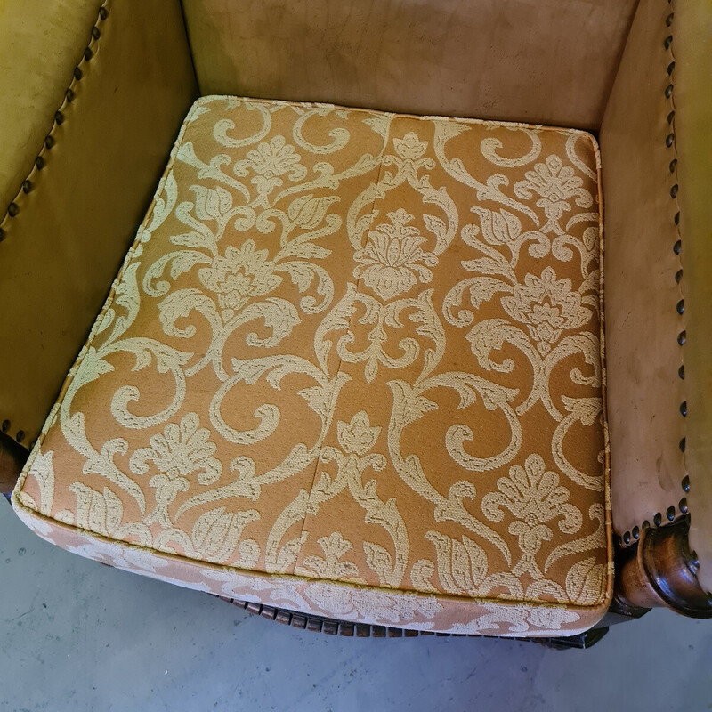 Vintage leather armchair with oak structure, 1950