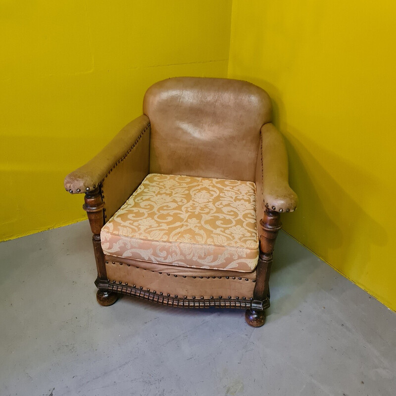 Vintage leather armchair with oak structure, 1950