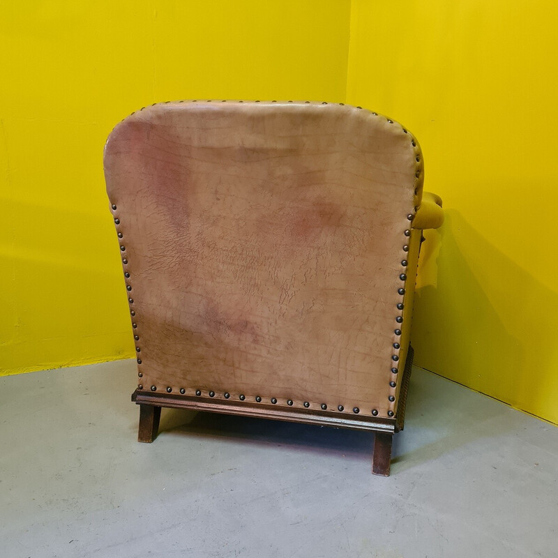 Vintage leather armchair with oak structure, 1950