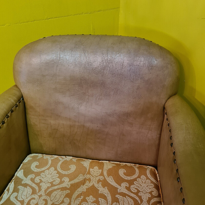 Vintage leather armchair with oak structure, 1950