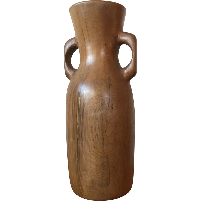 Vintage-Blumenpicker-Vase mit Henkeln aus Olivenholz