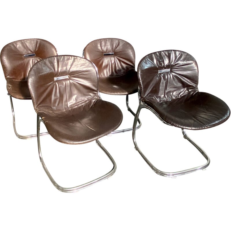 Set of 4 vintage chairs in chrome steel and leather by Gastone Rinaldi for Rima, Italy 1970