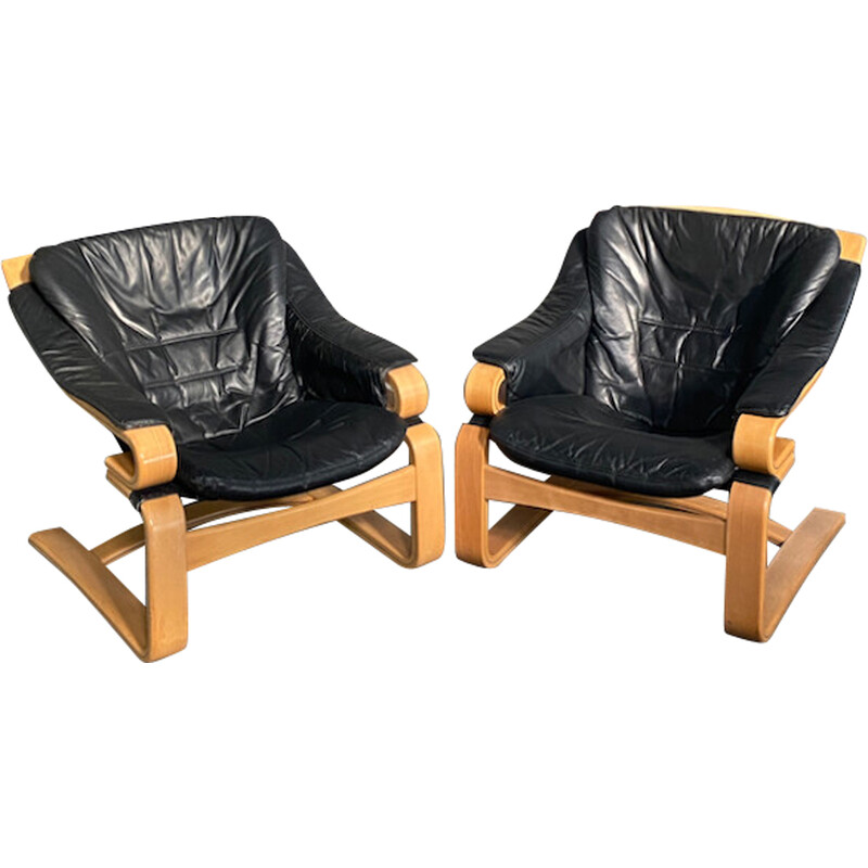 Pair of vintage Apollon armchairs in bent beech wood and black leather by Svend Skipper for Skipper Møbler, Denmark 1970
